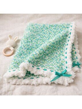 Handmade Baby Blanket Plush Crochet Knit Teal Green White Ribbon Trim Cozy Gift